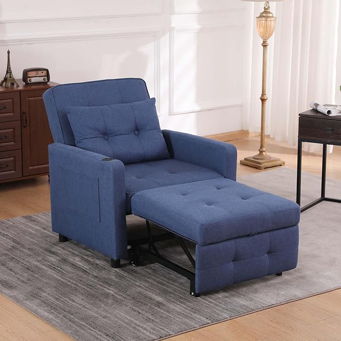 Convertible Chair Bed Sleeper for Adults 3 In 1 Sofa Bed Chair with USB Bedroom Sleeper Chair Pull Out Beds with Adjustable Back &amp PocketFabric Chair That Turns Into Beds For Living Room(Navy B