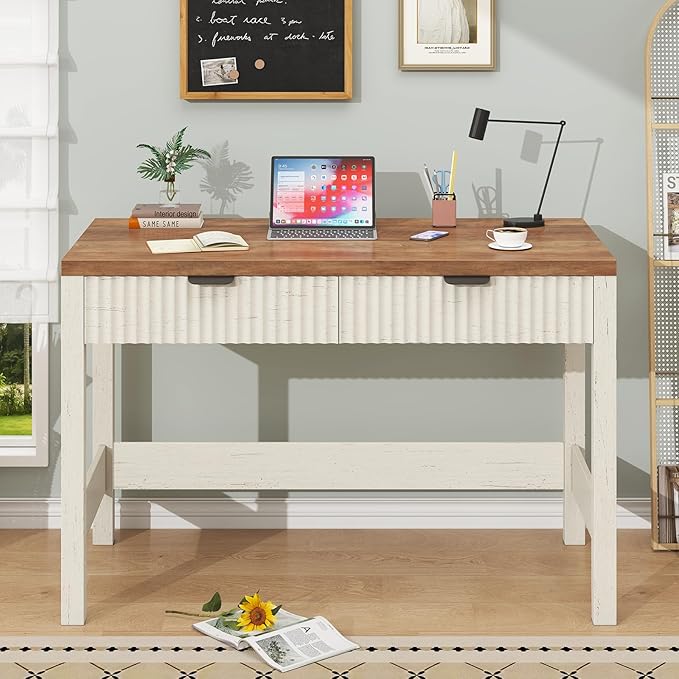 Fluted Computer Desk with 2 Drawers 39 Inch Small Computer Desk with Storage Compact Writing Study Vanity Desk for Small Spaces Antique White