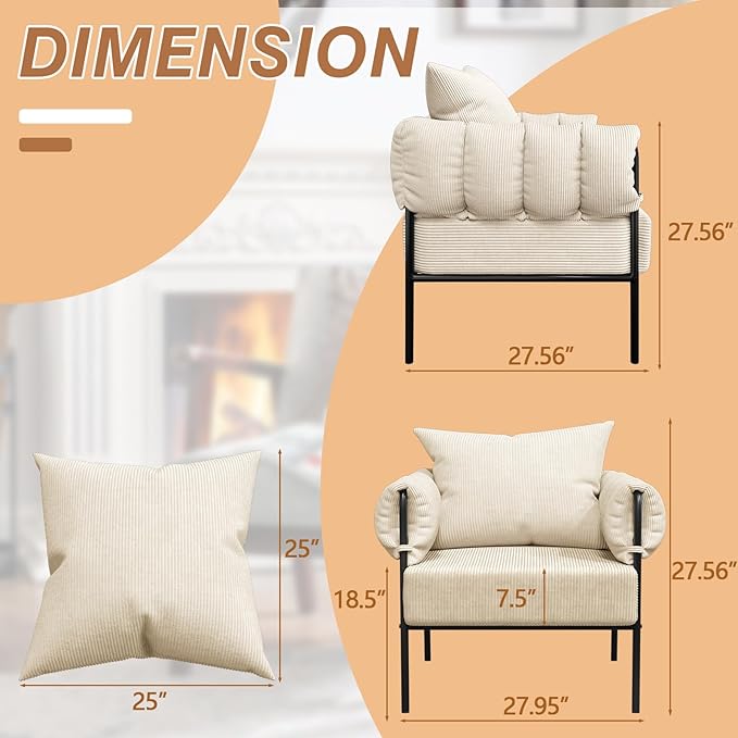 Comfy Accent ChairModern Living Room ChairsReading Chair with Metal FrameModern Living Room Chairs with Waist Cushion for Bedroom (Beige Set of 2)