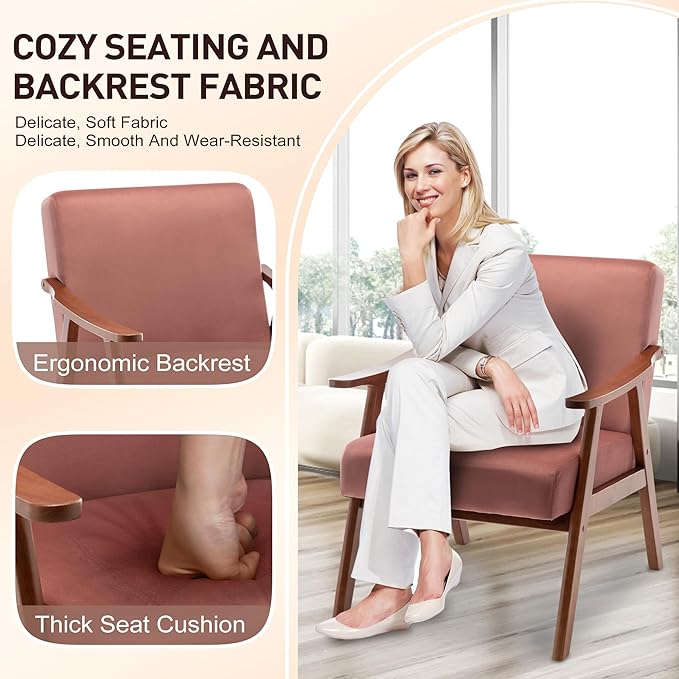 Mid Century Modern Accent Chairs with Solid Wood Frame Comfortable Accent Chair with Arms for Living Room or Bedroom Pink