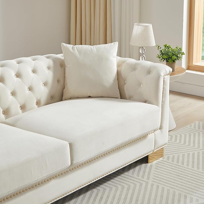 84 Chesterfield Sofa 3 Seater Tufted Velvet Couch with Rolled Arms Mid Century Modern Love Seat with Nailhead Trim&ampRemovable Cushions&ampGold Block Legs Comfy Deep Seat Couches for Living Roo