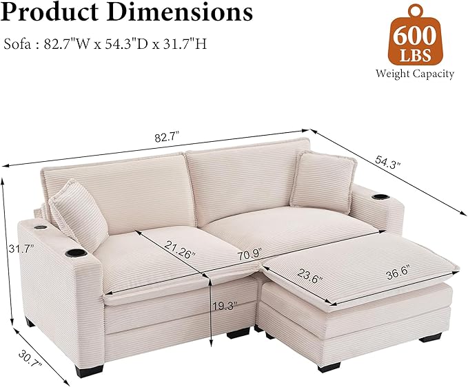 82.7 L Shaped Sectional Sofa with Cup Holders &amp USB Ports Modern Loveseat Cloud Couch with Ottoman for Living Room Apartment Small Spaces Beige Corduroy