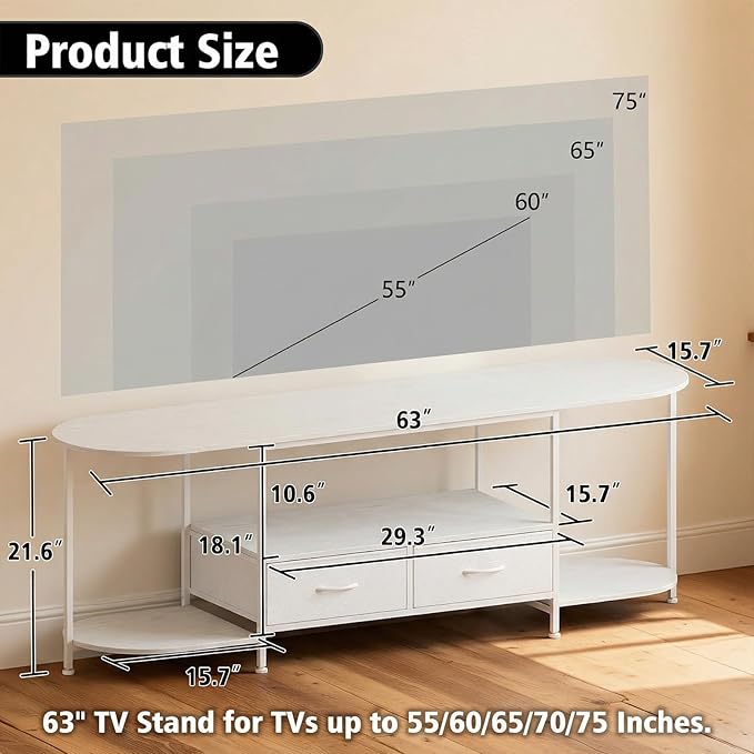 63 TV Stand for TVs up to 75 Inches Curved Edge Media Console &amp Entertainment Center with 2 Fabric Drawers Modern TV Console Table for Living Room or Bedroom White