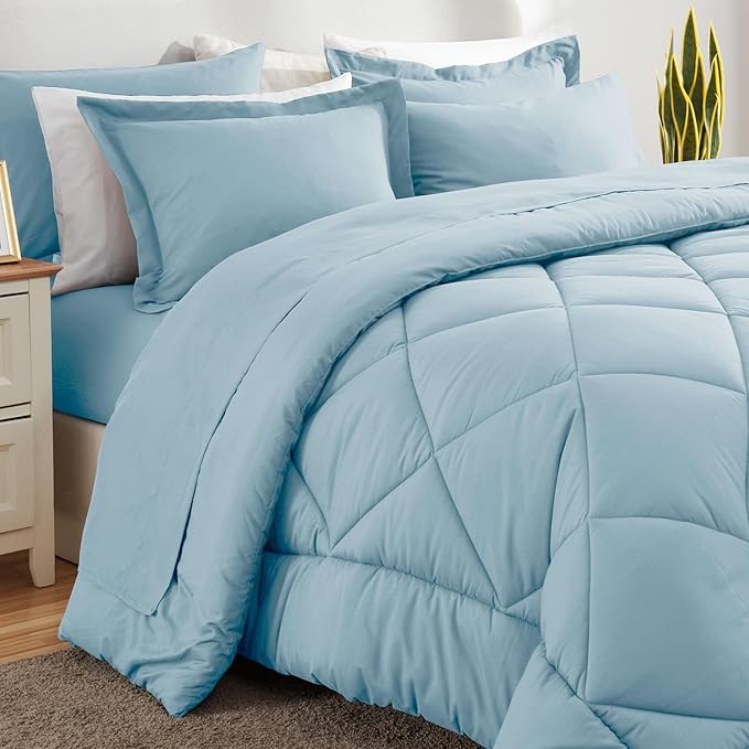 CozyLux Queen Comforter Set Light Blue - Bed in a Bag Queen Size 7 Pieces Luxury Soft Bed Set for All Seasons Bedding Set with Down Alternative Comforter Sheets Pillowcases &amp Shams