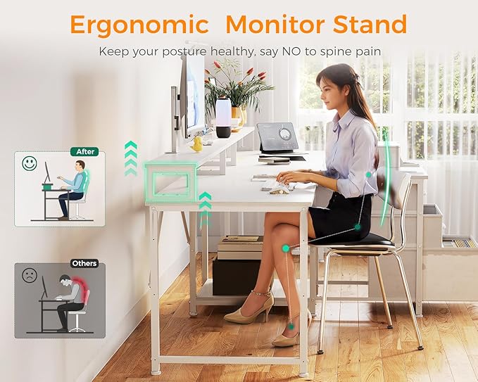 Casaottima 94 Inch 2 Person Home Office Computer Desk with Power Outlet Fabric Drawers &amp File Cabinet Long Writing Desk with Monitor Stand Storage Shelves Study/Work Table White