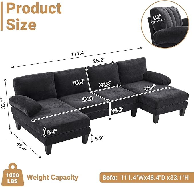 VINGLI 110 Sectional Couches for Living RoomU Shaped Couch with Double Chaise 4-Seat Sofa Set with Chenille Fabric for Home FurnitureBlack