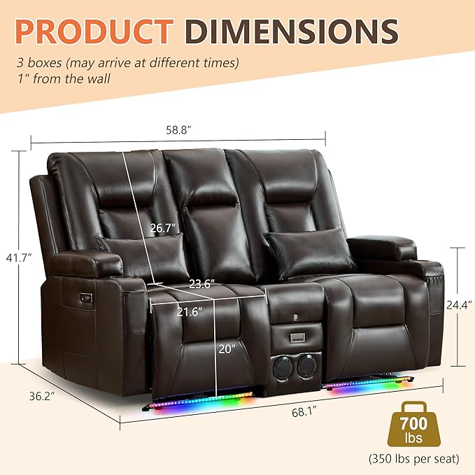 Houjud Power Reclining Loveseat Recliner Sofa with Console Wall-Hugger RV Couch with USB Ports Cup Holders Bluetooth Speakers &amp Ambient Lighting for Home Theater or Camper Faux Leather Dark B