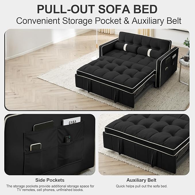 3-in-1 Convertible Sleeper Sofa Bed55.5 Modern Tufted Velvet Pull Out Couch BedFuton Small Love Seat Sofa with Adjustable Backrest&ampCylinder Pillows for Living RoomApartmentSmall Places(Black)