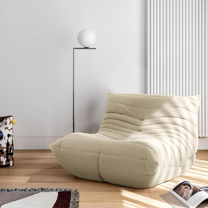 High-end Uncompressed Bean Bag Chair Fireside Togo Chair with Antique White/Light Grey Suede Fabric Cover Comfy &amp Soft Lazy Floor Lounge Sofa Chairs for Bedroom Living Room Office or Lounger