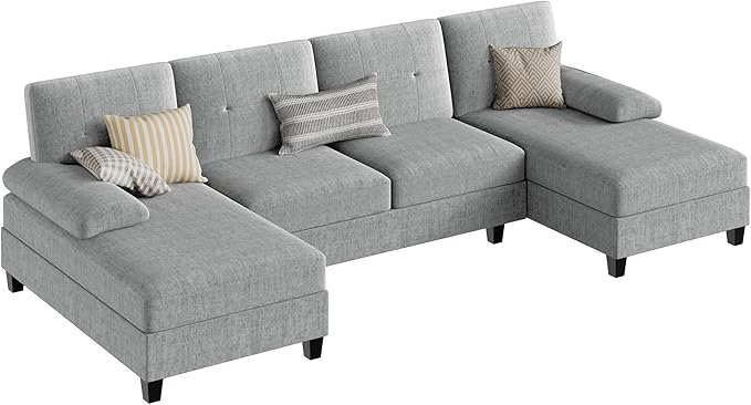 JY QAQA Sectional Couche with Soft Cushion U-Shaped Sofa with Double Chaise 4-Seat Linen Fabric Sofa Sets for Living Room Apartment Taupe