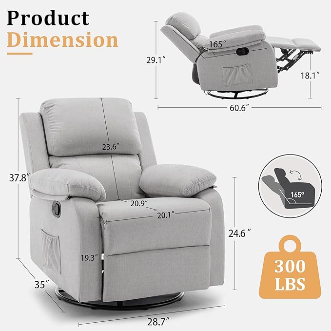 Recliner Chair 360 Swivel Rocker Chair for Adults Small Rocking Recliner for Small Spaces Upholstered Fabric Glider Recliner Nursery