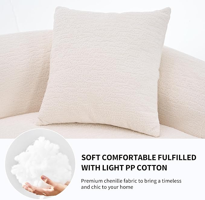 110 Curved Sectional Sofa for Living Room Modern Oversized Plush Chenille Cloud Round Deep Seat Compressed Boneless Couch with 4 Throw Pillows for Apartment No Assembly Needed White