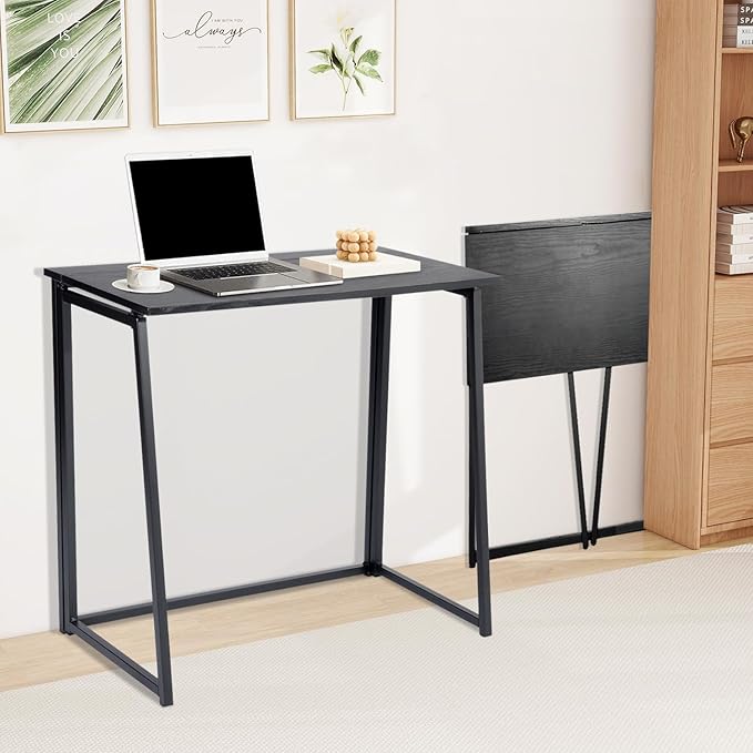 FurnitureR Folding Home Office Desk 31.5 Inches Foldable Table Space Saving Computer Study Desk Compact Writing Workstation for Small Space Black