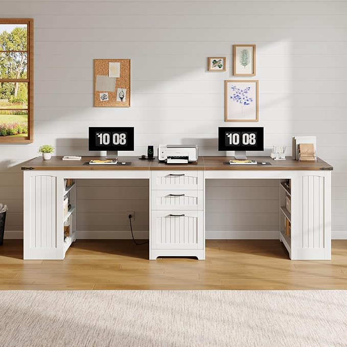 HOOBRO 94.5 Computer Desk with Power Outlet 2 Person Office Desk with Drawers Farmhouse Double Desk for Home Office A4/Letter Size Adjustable Shelves White and Walnut WH240UDN01