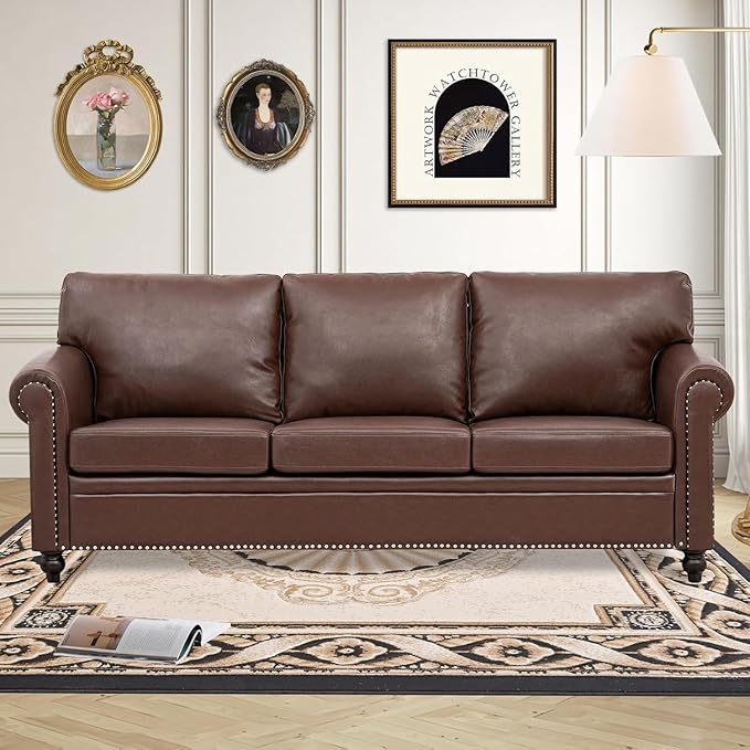 Brown Faux Leather Couch Comfy Classic 3 Seater Living Room SofaMid-Century Modern Sofa with Detachable Cushions 84 for Living Rooms Bedrooms OfficesApartments Tool-Free Assembly(Brown)
