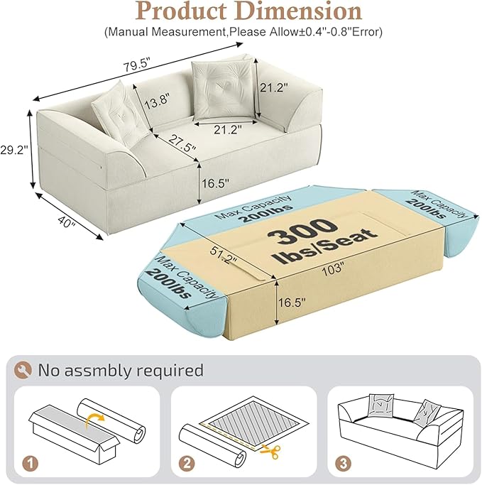 3-in-1 Convertible Folding Sofa Bed 79.5 Queen Size Sleeper Curved Couch Modern Deep Seat Fluffy Couch with 2 Pillows 3-Seater Sofa Sparkling Chenille Fabric Sofa (A-Beige 3 Seat)