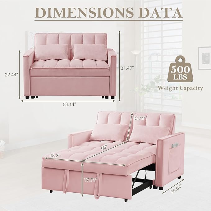 3 in 1 Convertible Sleeper Sofa Couch with Pull Out Bed55 Velvet Upholstered Futon Sofa BedModern Loveseat Sleeper Chaise with Adjustable Backrest for Living Room Guest Room Apartment(Pink)
