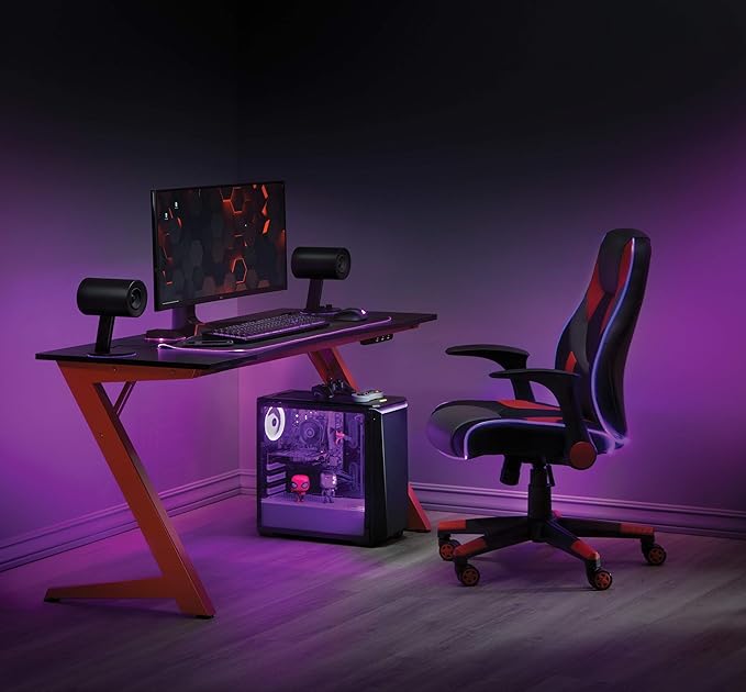OSP Home Furnishings Beta Battlestation Gaming Desk with Bluetooth RGB LED Lights Matte Red