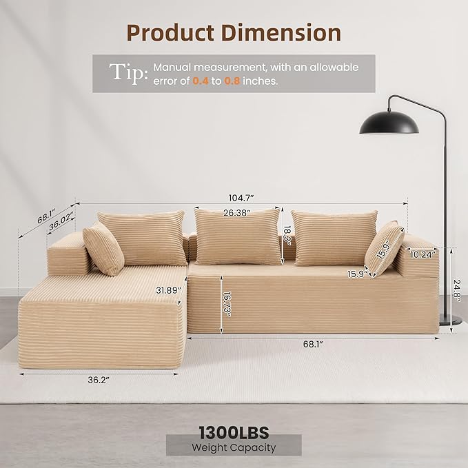 105 Modular Sectional Couches for Living RoomBoneless Couch with L-Shape ChaiseComfy Corduroy Sectional SofaNo Assembly RequiredBeige