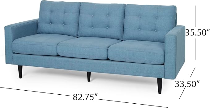 Christopher Knight Home Jenby Modern 3-Seater Sofa Tufted Waffle Stitch Fabric Couch with Rubberwood Tapered Legs Modern Living Room Sofa Couch for Family &amp Guests Blue