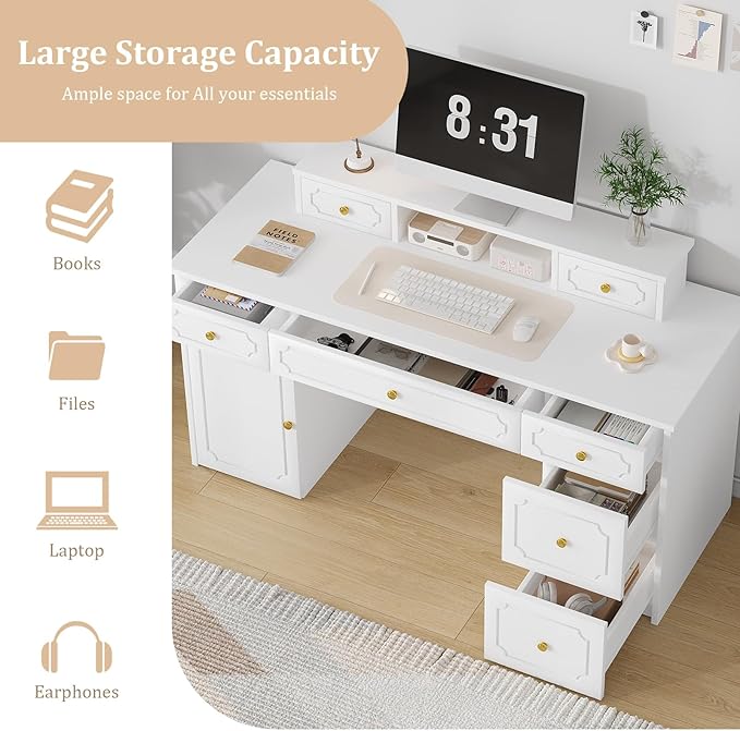 Catrimown White Desk with 7 Drawers 54 Inch Computer Desk with Cabinet for Work Writing Study Vanity Desk with Golden Handle for Girls Bedroom