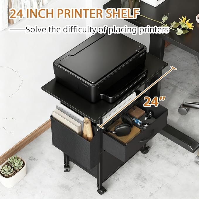 GYIIYUO 2 Drawer File Cabinet with 24'' Extended Desktop Mobile Filing Cabinet Rolling File Cabinet with Side Bag Fabric Drawer Fits A4/Letter Size Printer Stand Home Office Black