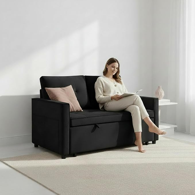 Sofa Bed Pull Out Couch with Side Pockets 3 in 1 Velvet Fabric Loveseat Sleeper Sofa Bed Pull Out Couch with Adjustable Backrest for Living Room Bedroom Apartment Black 53 Inch