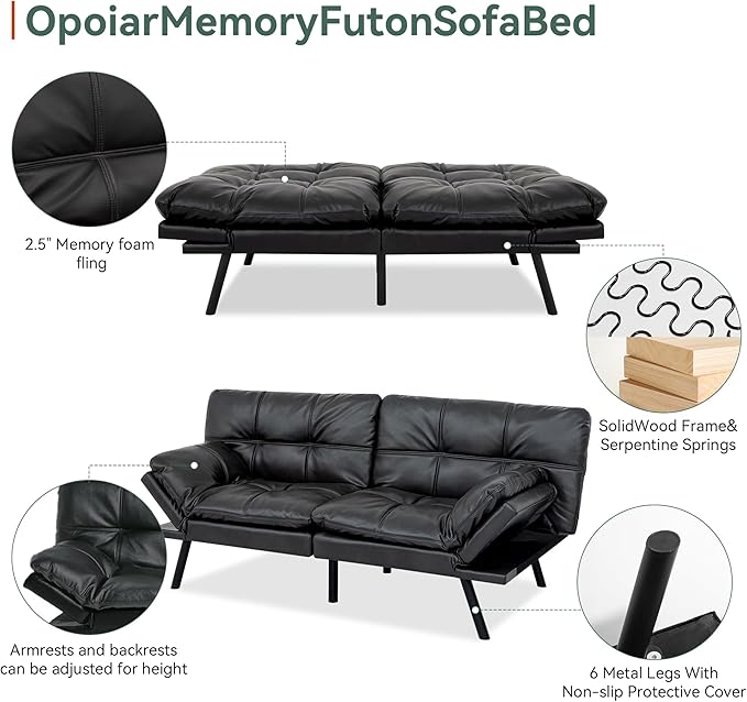 Opoiar 71 L Covertible Futon Sofa BedFaux Leather Futon Couch Memory Foam Modern Loveseat Sleeper Small Splitback Sofa Couches for Living RoomRVHome OfficeApartmentMatte Black