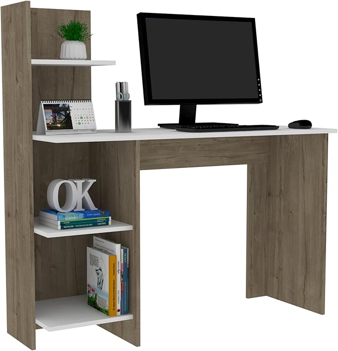 Penau Writing Desk with Four Shelves Light Oak and White Finish Modern Design Compact Size for Home Office