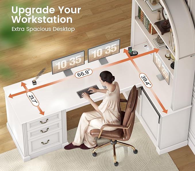 SEDETA 67 L Shaped Desk with Tall Arched Bookshelf Mid-Century Office Computer Desk with 3 Drawers and Storage Shelves Corner Executive Desk with Sliding Barn Door for Home Office White
