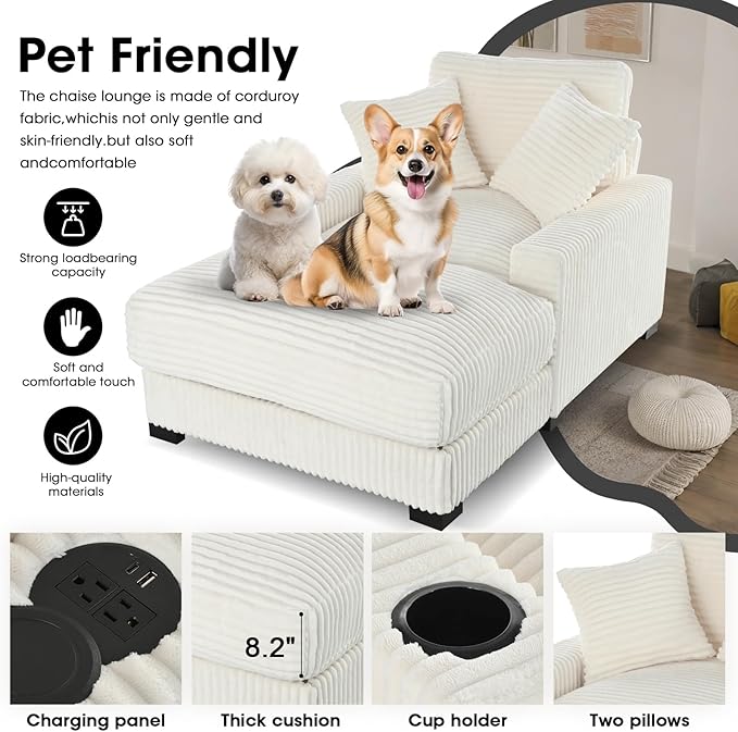 41 Chaise Lounge Indoor Comfy Reading Chair with 2 PillowsUSB Charger Cup Holder Adjustable Backrest Corduroy Sofa Bed Lazy Chair Sleeper Couch Small Couch for Apartment Whtie