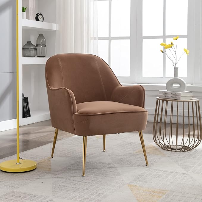 Modern Ergonomics Soft Velvet Fabric Material Accent Chair with Gold Legs and Adjustable Feet Screws for Indoor Home Living RoomCoffee Brown