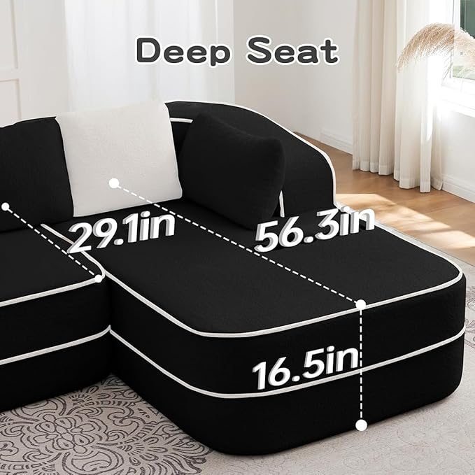 Boneless Sectional Couch with Memory Foam &amp Deep Seat Modular Sectional Sofa with Teddy Fabric for Living Room Cloud Couch with Facing Chaise No Assembly Required (Black2 L-Shaped Chaise)