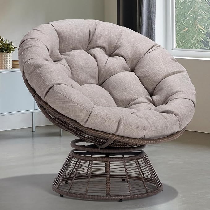 Bme 40 Ergonomic Wicker Papasan Chair with Soft Thick Density Fabric Cushion Bee-Designed Base High Capacity Steel Frame 360 Degree Swivel for Living Bedroom Reading Room...