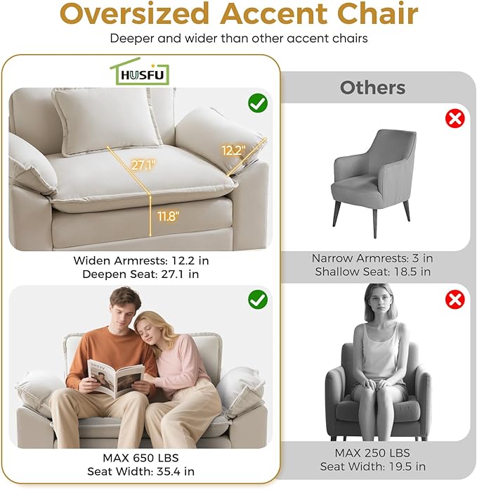 HUSFU Oversized Accent Chair with Ottoman Cloud Couch Chair with Deep Seat and Extra Wide Armrests Comfy Reading Armchair for Bedroom Living Room Set of 2 Beige