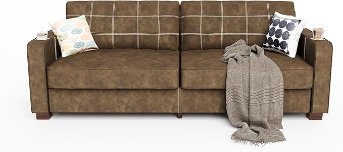 80 Inch Brown Faux Leather Sofa Couch - Wide Armrests with 2 Built-in Cup Holders Contrast Stitching Oversized Leather Love Seat Couches for Living Room Bedroom Apartment