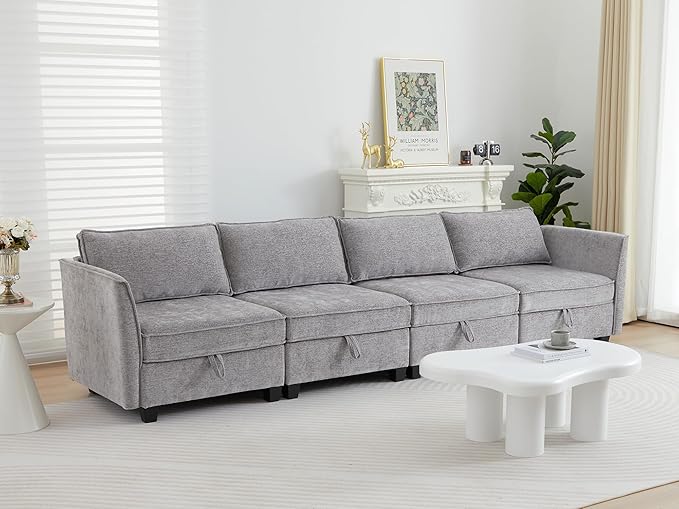 Modular Sectional Sofa Convertible Couch with Storage 4 Seater Sofa Modular with Reversible Chaise for Living Room Office (Grey)