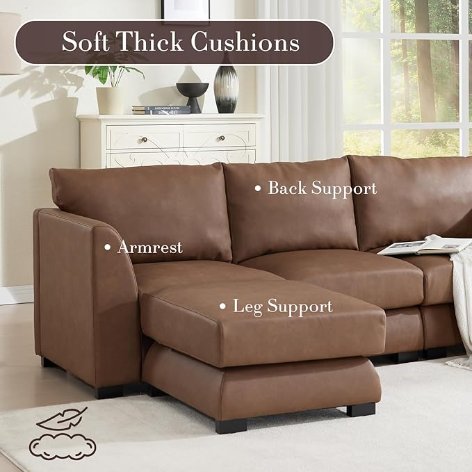HEAH-YO 91 Inch Modular Sectional Sofa 3-Seater Sectional Couch with Movable Ottoman L Shaped Comfy Cloud Couch for Living Room PU Brown