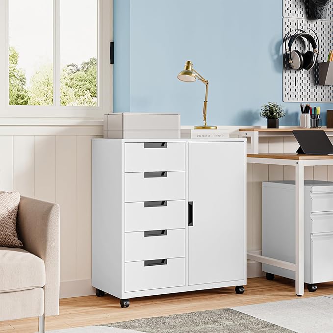 MIIIKO 5 Drawer Storage Cabinet with Door and Shelf Mobile Lateral Cabinet on Wheels Office Small Organizer Printer Stand White File Cabinets