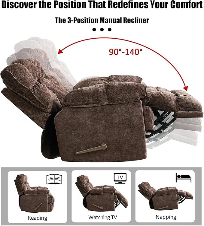 Oversized Rocker Recliner Chair for AdultsOverstuffed 360° Swivel Rocking Recliner Extra Wide Breathable Fabric Manual Reclining Single Sofa for Living Room (Brown)
