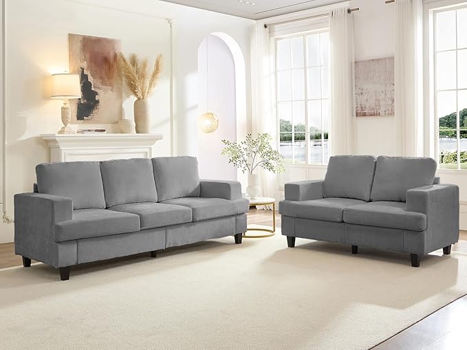 Mjkone 82 Width 2 Pieces Living Room Sofa Sets 3 Seater Sofas Couch and Loveseat Set Sofas Couches Living Room Furniture Sets Sectional 3-Seat Sofa + Loveseat Couch Set for Home Office Light Grey