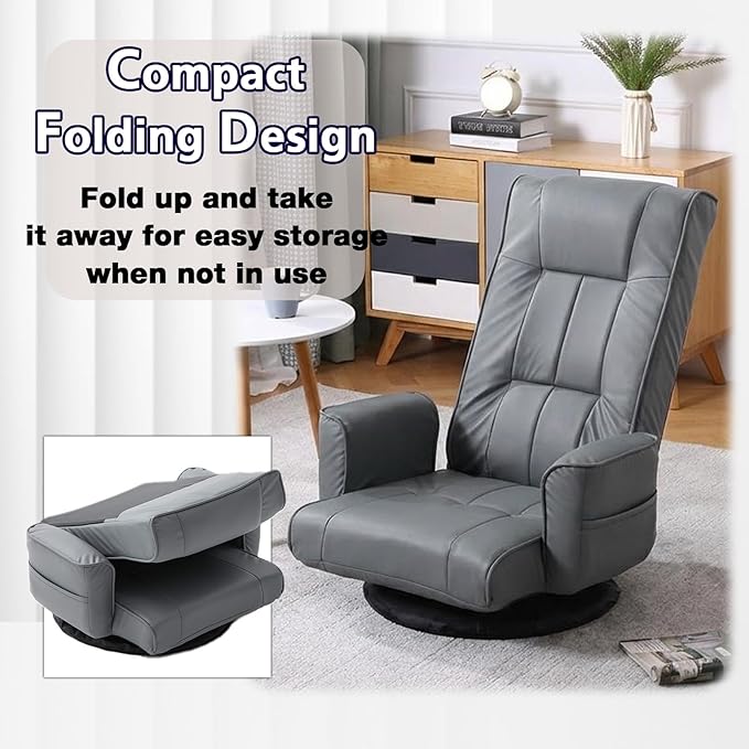 360 Degree Swivel Floor Chairs for Adults Faux Leather Gaming Floor Chair with Back Support 14 Angles Adjustable Comfortable Floor Lounge Chair Folding Video Game Chairs Office Bedroom
