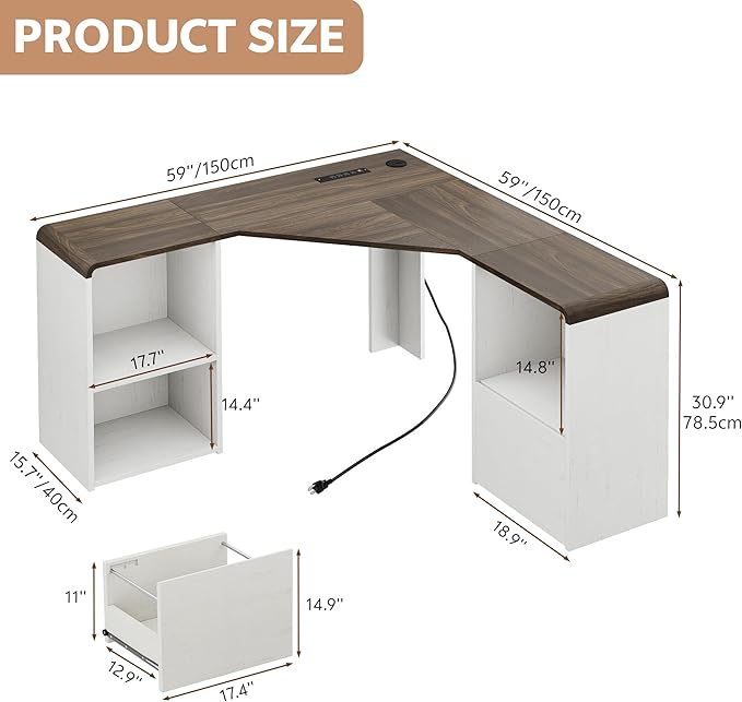 60 L Shaped Desk with File Drawer Modern Corner Computer Desk with Storage L Shape Home Office Desk Executive Desk with Power Outlets Storage Shelves File Cabinet for Working Writing White