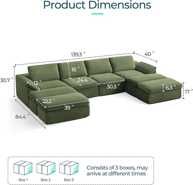 LINSY HOME 139 Modular Couch Modern Boneless Cloud Couch U Shaped Sofa with Movable Ottomans Deep Seat Corduroy Sectional Couches for Living Room Apartment No Assembly Required Green