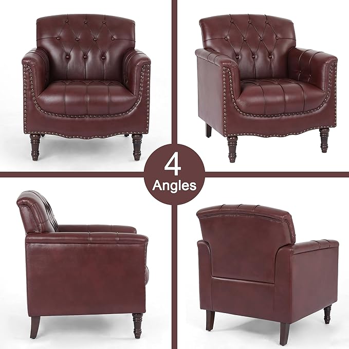 Faux Leather Accent Chairs Set of 4 Modern Armchair Club Chair with Nailhead Trims &amp Wood Legs for Living Room Upholstered Comfy Arm Chair Side Chair for Office Bedroom-Dark Red