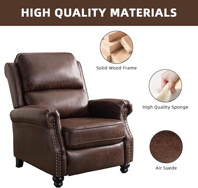 Push Back Recliner Chair Faux Leather Lounge Armchair with Rivet Decoration Wingback Single Sofa Chair with Padded Seat Solid Wood Legs for Living Room Comfy Upholstered Set of 2 Red Brown