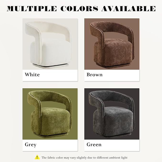 FOXHUNTER Swivel Accent Chair Modern Upholstered Barrel Chair Oversized Round Accent Armchair with Open Back Wooden Base for Living RoomChenil White