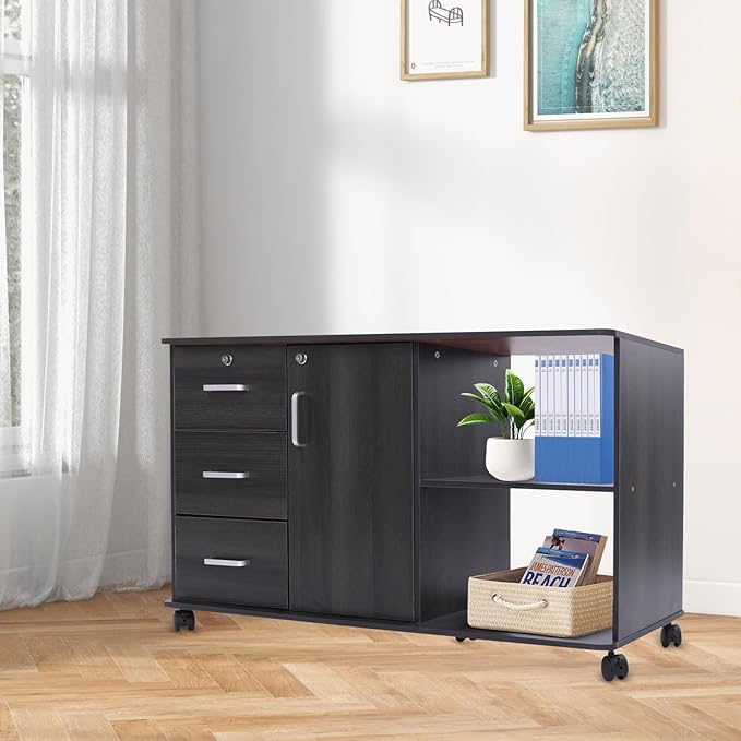 3-Drawer Mobile Lateral Filing Cabinet Rolling Printer Stand with Wheel 39.4 × 13.4 × 23.2in Locking File Cabinet with Charging Station for Home OfficeBlack