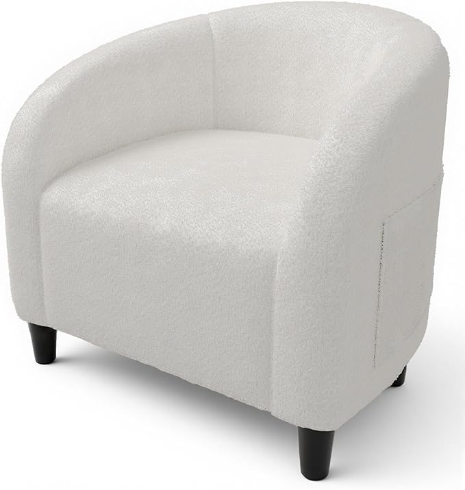 Accent Chair Boucle Fabric Barrel Chairs Comfy Round Club Armchair with Soft Cushion for Living Room Bedroom Reading Waiting Room White