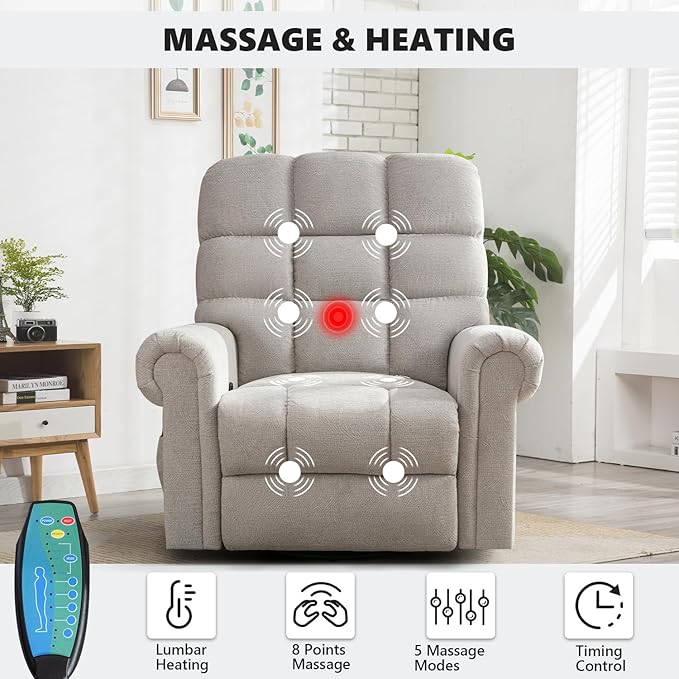 CANMOV Massage Swivel Rocker Recliner Chair with Heat and Vibration360°Swivel Rocking Glider Recliner Single Sofa with Side Pocket Manual Recliner Chair for Living RoomBedroomLight Grey